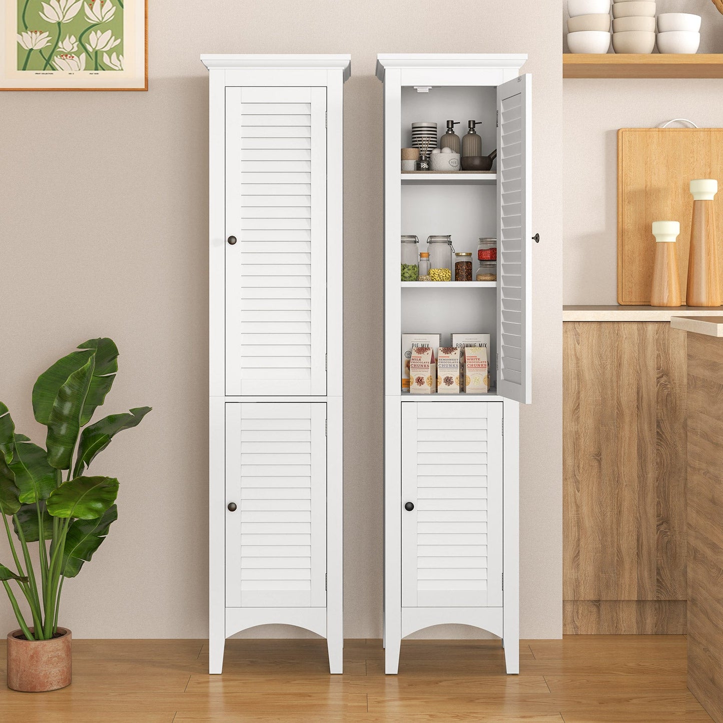 Armario alto de baño con puertas de persiana y estante ajustable - Blanco