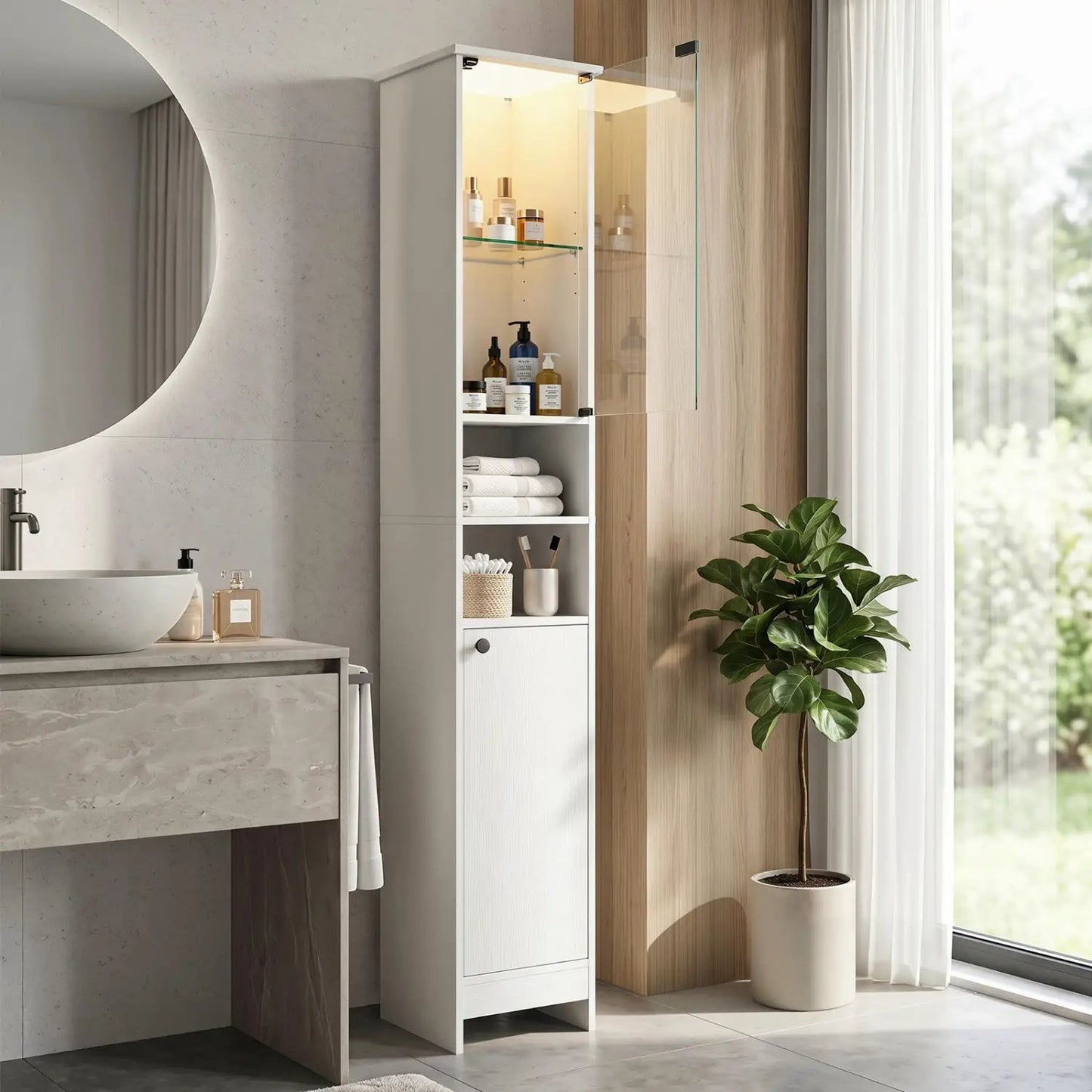 Tall Bathroom Storage Cabinet and LED Lights