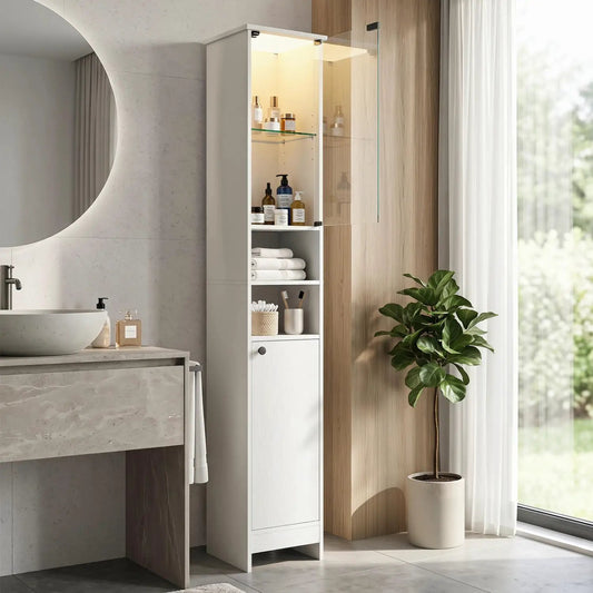 Tall bathroom storage cabinet DirectDeals with LED lights, glass door, adjustable shelves on Tampa Home & Garden Store