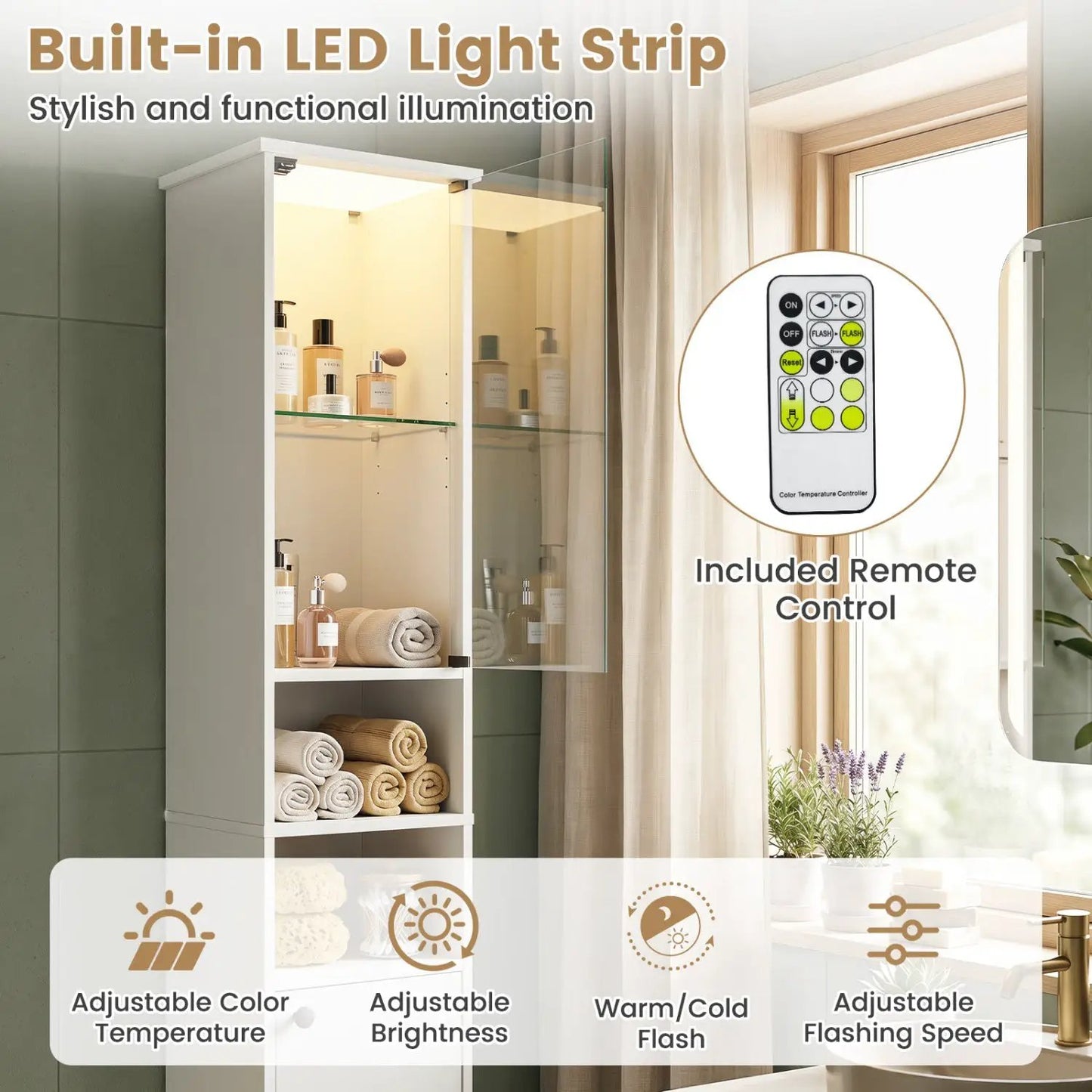 Tall Bathroom Storage Cabinet and LED Lights