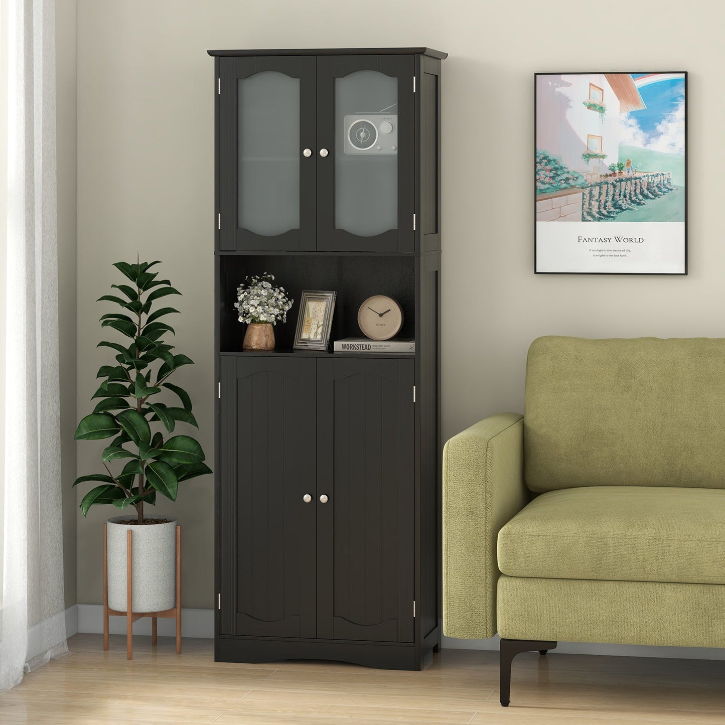 Armario de Almacenamiento de Baño Alto de 64.5 Pulgadas con Puertas de Vidrio Esmerilado y Estantes - Negro