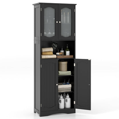 Armario de Almacenamiento de Baño Alto de 64.5 Pulgadas con Puertas de Vidrio Esmerilado y Estantes - Negro