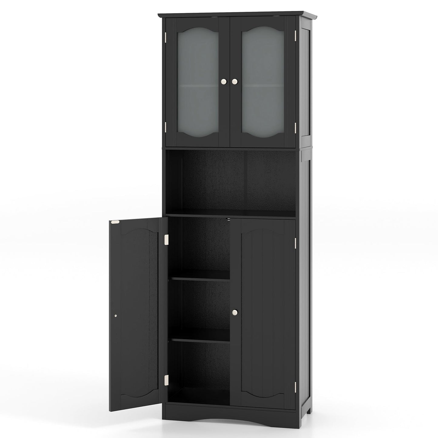 Armario de Almacenamiento de Baño Alto de 64.5 Pulgadas con Puertas de Vidrio Esmerilado y Estantes - Negro