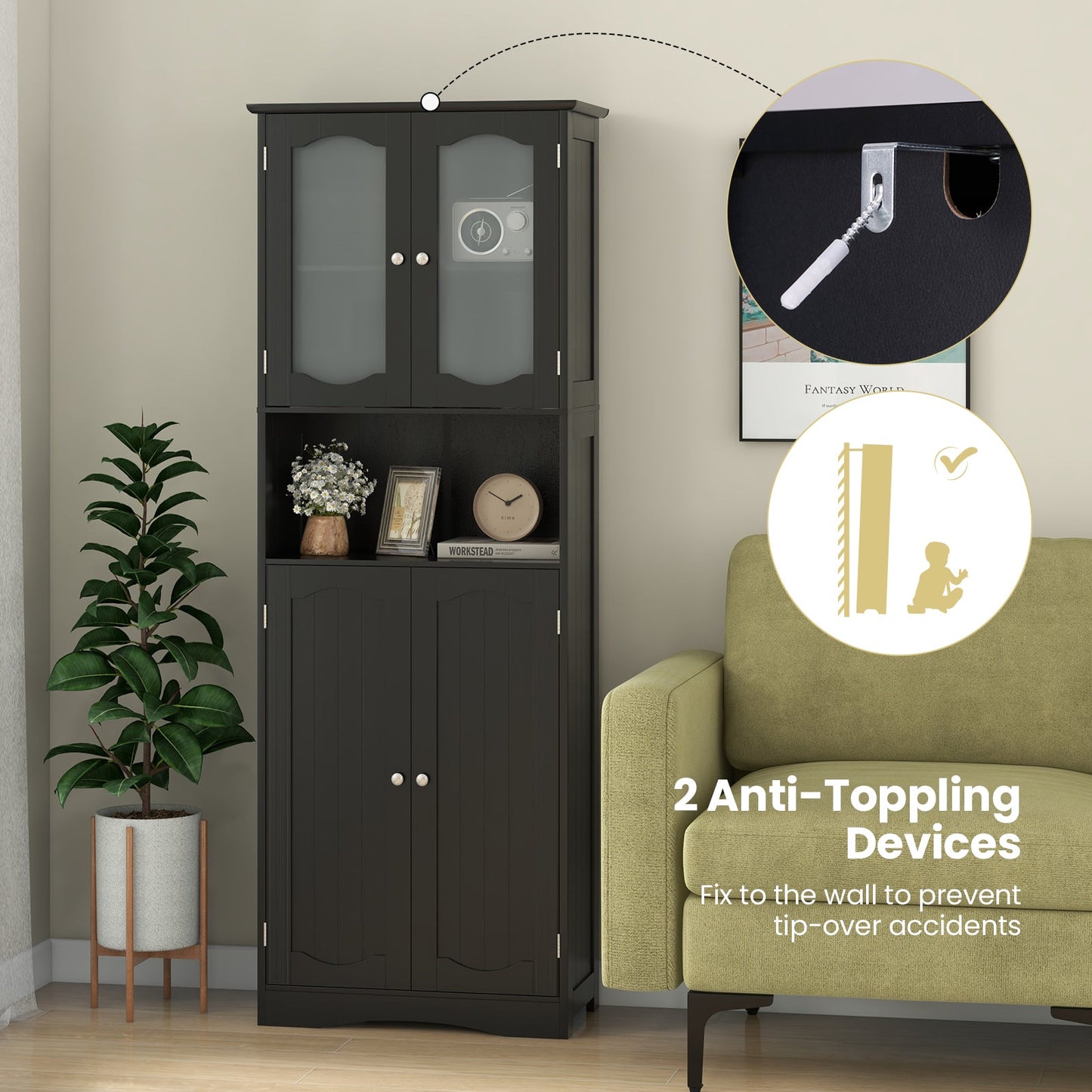Armario de Almacenamiento de Baño Alto de 64.5 Pulgadas con Puertas de Vidrio Esmerilado y Estantes - Negro