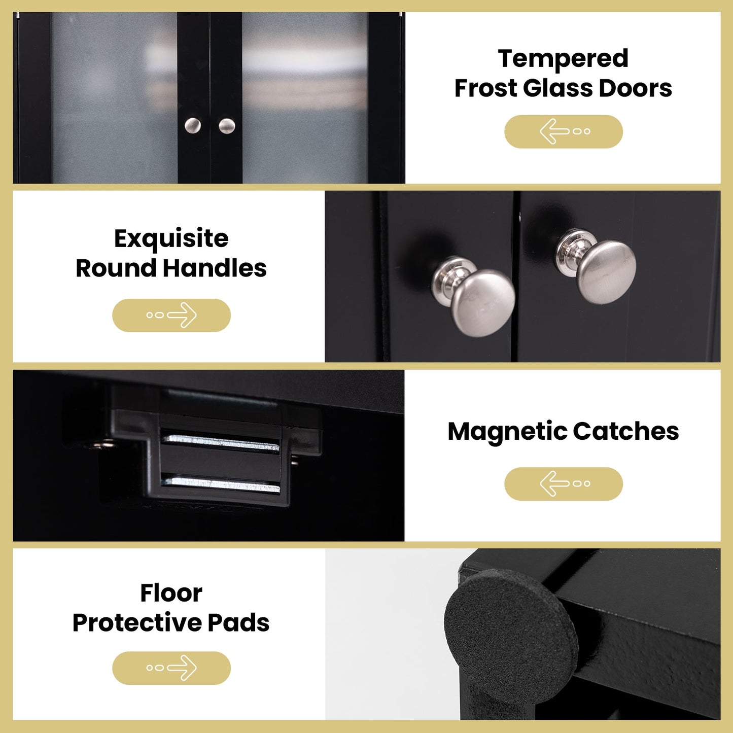 Armario de Almacenamiento de Baño Alto de 64.5 Pulgadas con Puertas de Vidrio Esmerilado y Estantes - Negro