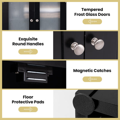 Armario de Almacenamiento de Baño Alto de 64.5 Pulgadas con Puertas de Vidrio Esmerilado y Estantes - Negro