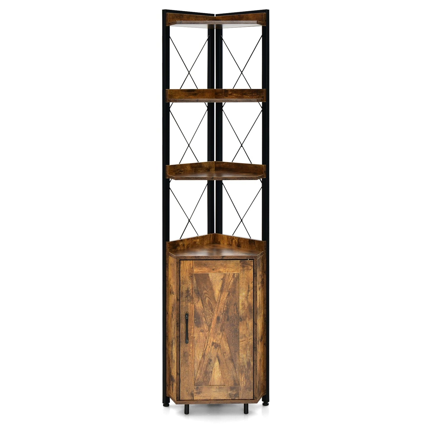 Tall corner storage cabinet with 3-tier rustic wood shelves in a black metal frame DirectDeals on Tampa Home & Garden Store