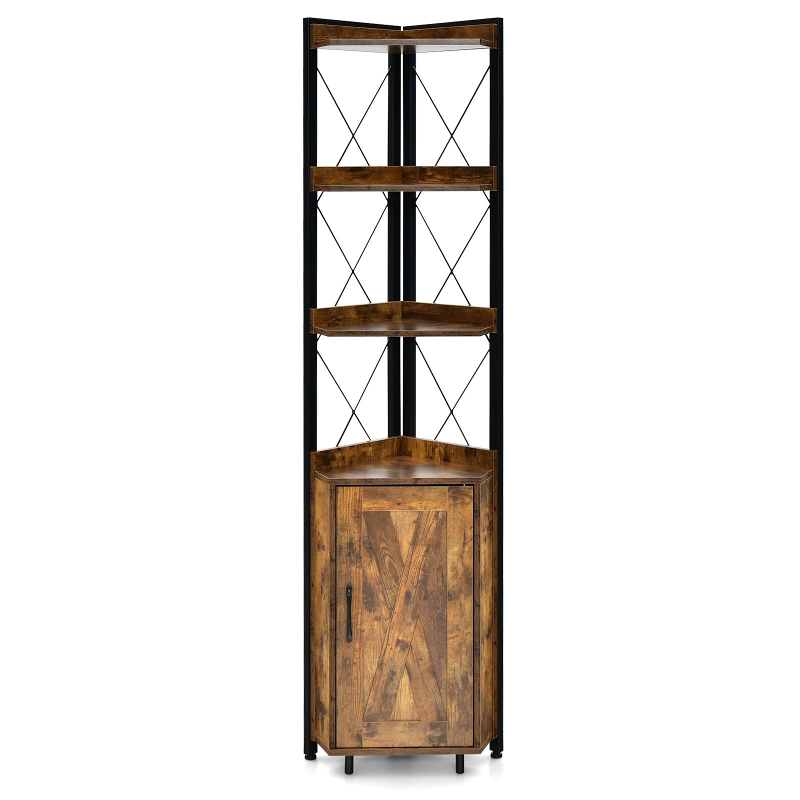 Tall corner storage cabinet with 3-tier rustic wood shelves in a black metal frame DirectDeals on Tampa Home & Garden Store