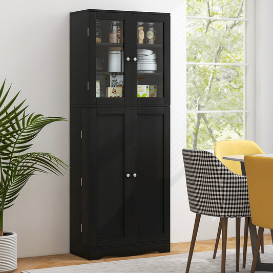 Alacena de cocina alta con puertas dobles de vidrio templado y estantes - Negra