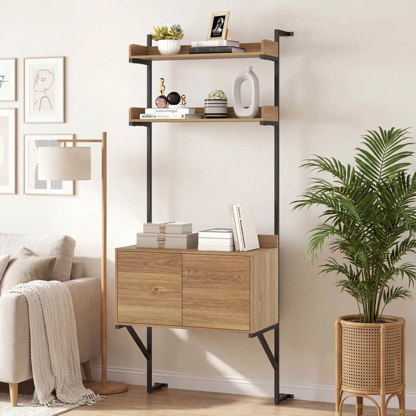 Tall Ladder Shelf with Storage Cabinet Wall