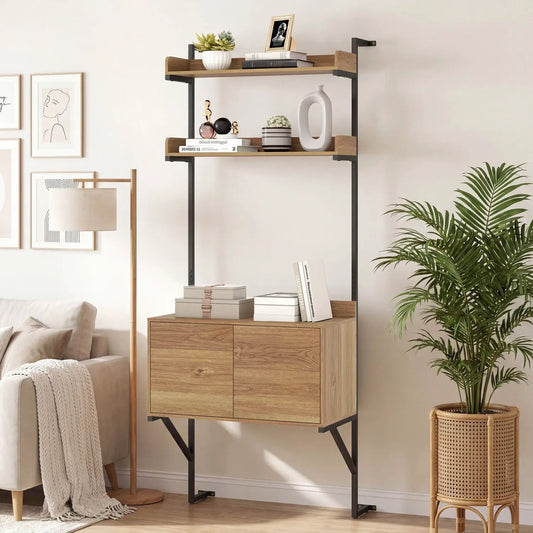 Tall Ladder Shelf with Storage Cabinet Wall