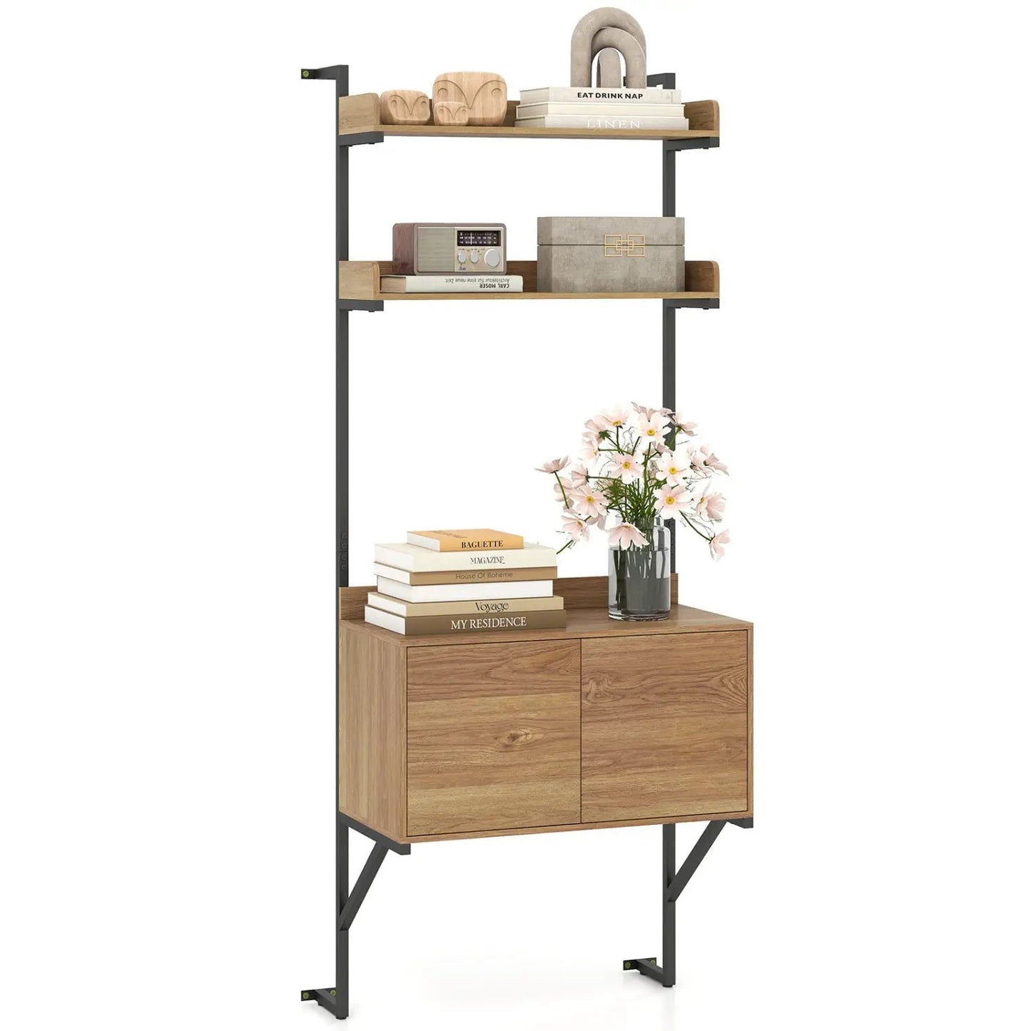 Tall Ladder Shelf with Storage Cabinet Wall