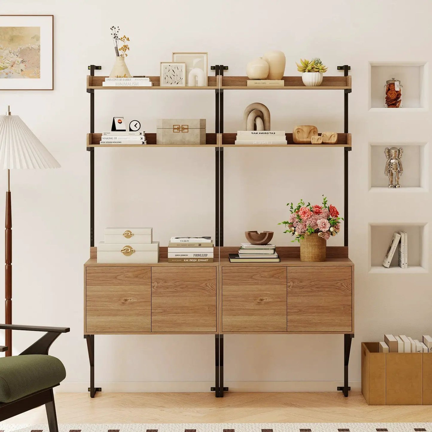 Tall Ladder Shelf with Storage Cabinet Wall