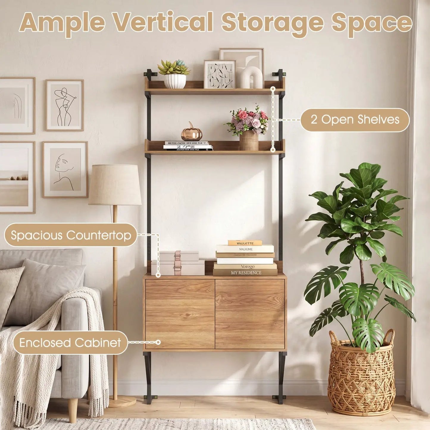 Tall Ladder Shelf with Storage Cabinet Wall