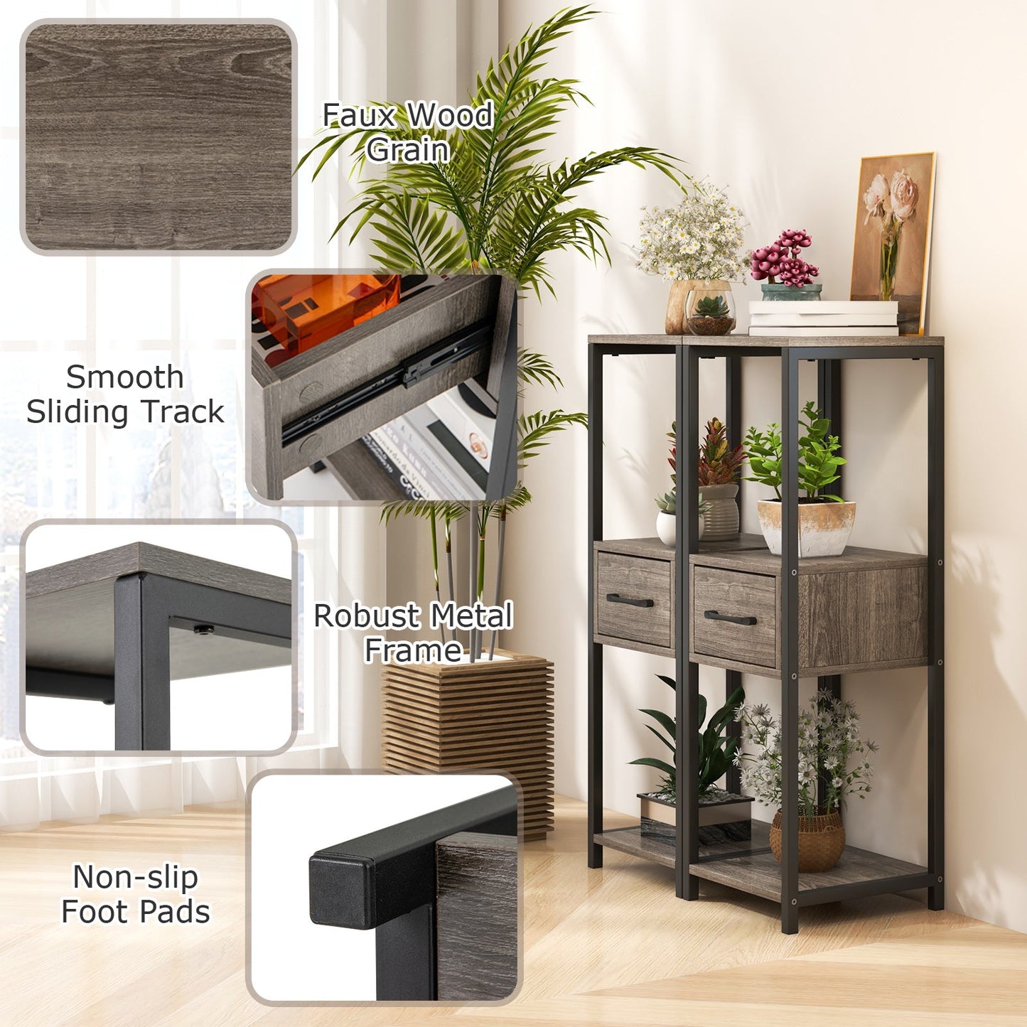 Soporte metálico alto para plantas de 3 niveles con cajón para balcón u oficina - Gris