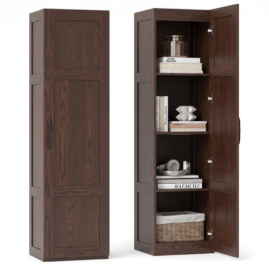 Tall storage cabinet by DirectDeals, 59" high, dark walnut with 4 shelves; closed/open view with books on Tampa Home & Garden Store