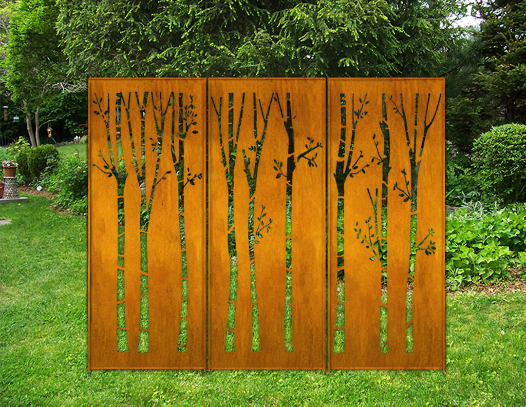 Metal wall hanging 3-panel rust finish privacy screen with tree silhouettes Rustica Ornamentals on Tampa Home & Garden Store