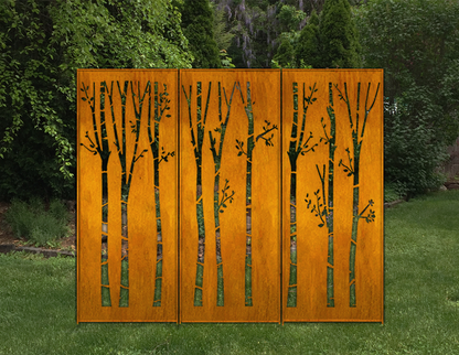 Metal Fence Panels, three-panel rust finish with birch silhouettes Rustica Ornamentals on Tampa Home & Garden Store