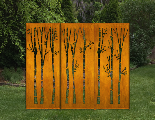 Outdoor metal privacy fence panels with orange rust finish and tree cutouts, heavy-duty steel, 3-panel on Tampa Home & Garden Store