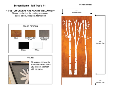 Metal wall hanging privacy panel 46-inch in rust with tree silhouette by Rustica Ornamentals on Tampa Home & Garden Store