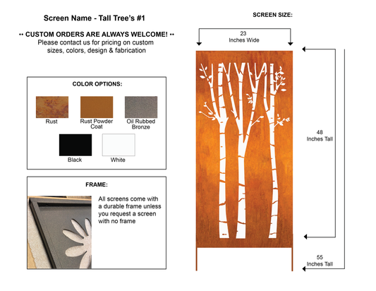 Metal wall hanging privacy panel 46-inch in rust with tree silhouette by Rustica Ornamentals on Tampa Home & Garden Store