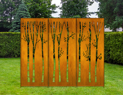 Outdoor metal privacy panels Rustica Ornamentals rust-orange steel tree cutouts, 3-panel set on Tampa Home & Garden Store