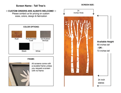 Outdoor metal privacy fence panel Rustica Ornamentals with tree motif, 60 or 72 in tall on Tampa Home & Garden Store