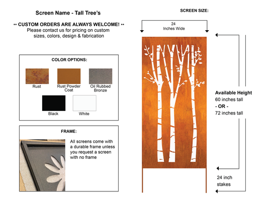 Outdoor metal privacy fence panel Rustica Ornamentals with tree motif, 60 or 72 in tall on Tampa Home & Garden Store