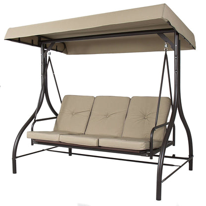Tan 3-Seat Outdoor Porch Deck Patio Canopy Swing with Cushions - Tampa Home & Garden Store