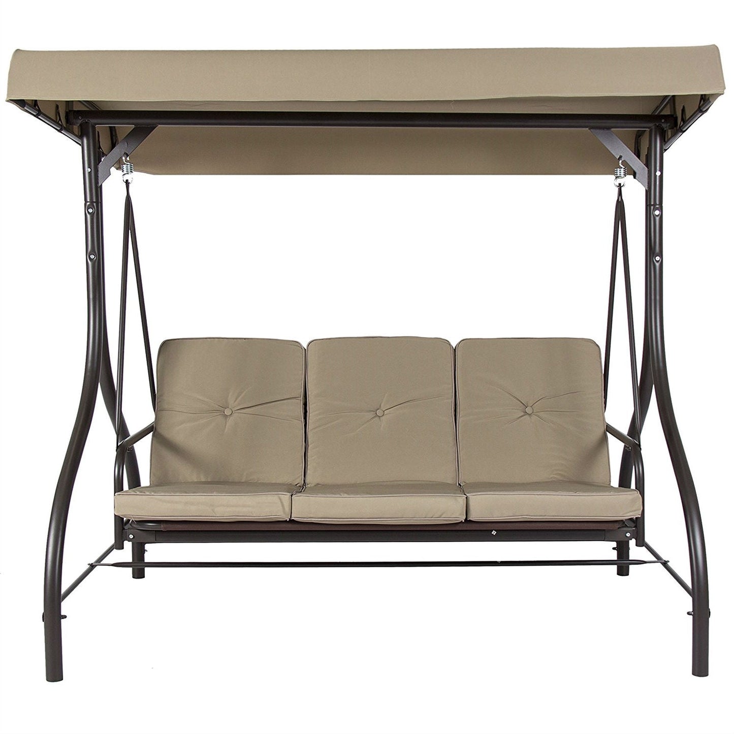 Tan 3-Seat Outdoor Porch Deck Patio Canopy Swing with Cushions - Tampa Home & Garden Store