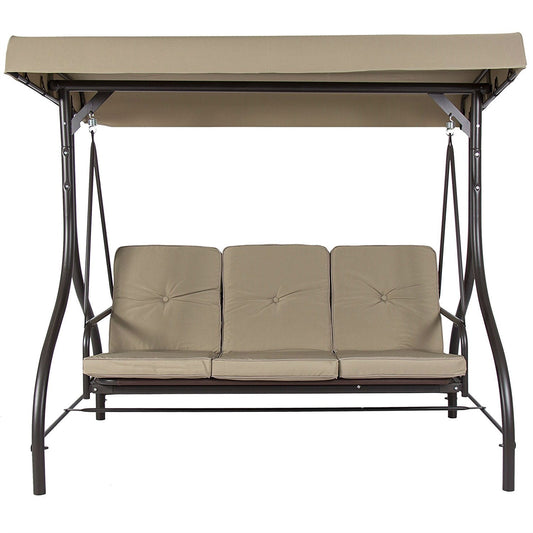 Tan 3-Seat Outdoor Porch Deck Patio Canopy Swing with Cushions - Tampa Home & Garden Store