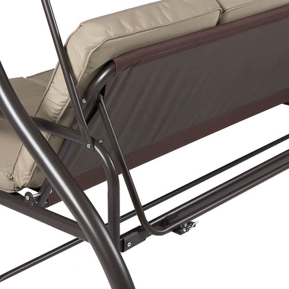 Tan 3-Seat Outdoor Porch Deck Patio Canopy Swing with Cushions - Tampa Home & Garden Store