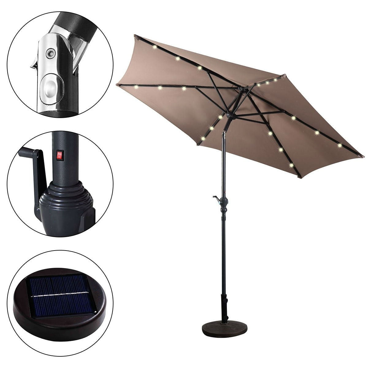 Tan 9-Ft Patio Umbrella with Steel Pole Crank Tilt and Solar LED Lights - Tampa Home & Garden Store