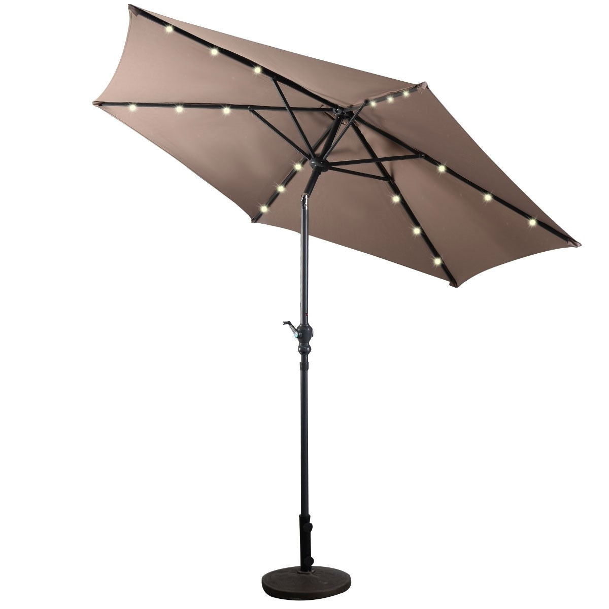 Tan 9-Ft Patio Umbrella with Steel Pole Crank Tilt and Solar LED Lights - Tampa Home & Garden Store