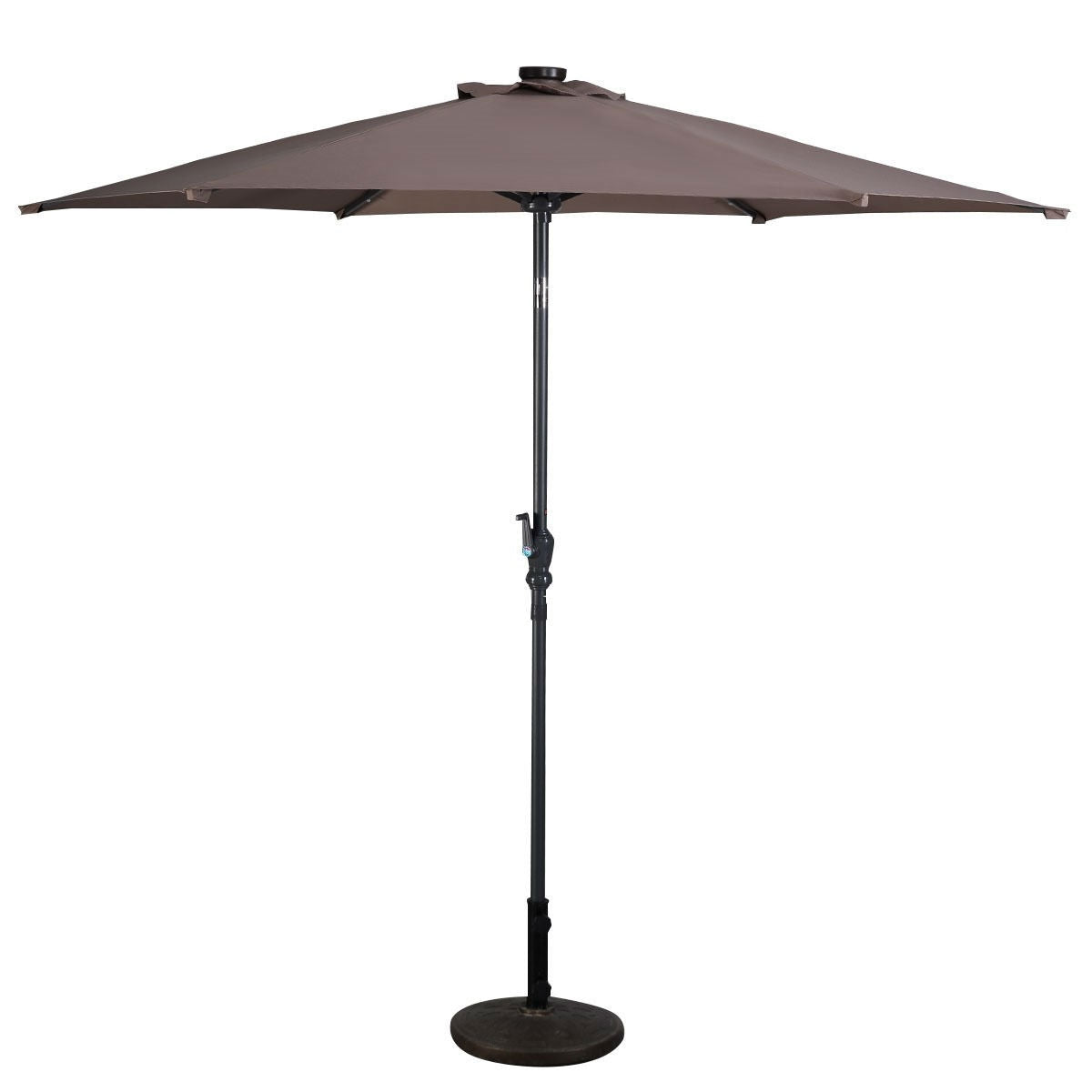 Tan 9-Ft Patio Umbrella with Steel Pole Crank Tilt and Solar LED Lights - Tampa Home & Garden Store