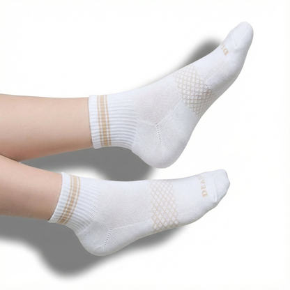 DeadSoxy women's quarter crew athletic socks, white with beige lattice pattern, 2 socks shown on Tampa Home & Garden Store