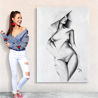 Canvas Print Tangible Point by Tailored Canvases, grayscale geometric nude figure on canvas on Tampa Home & Garden Store