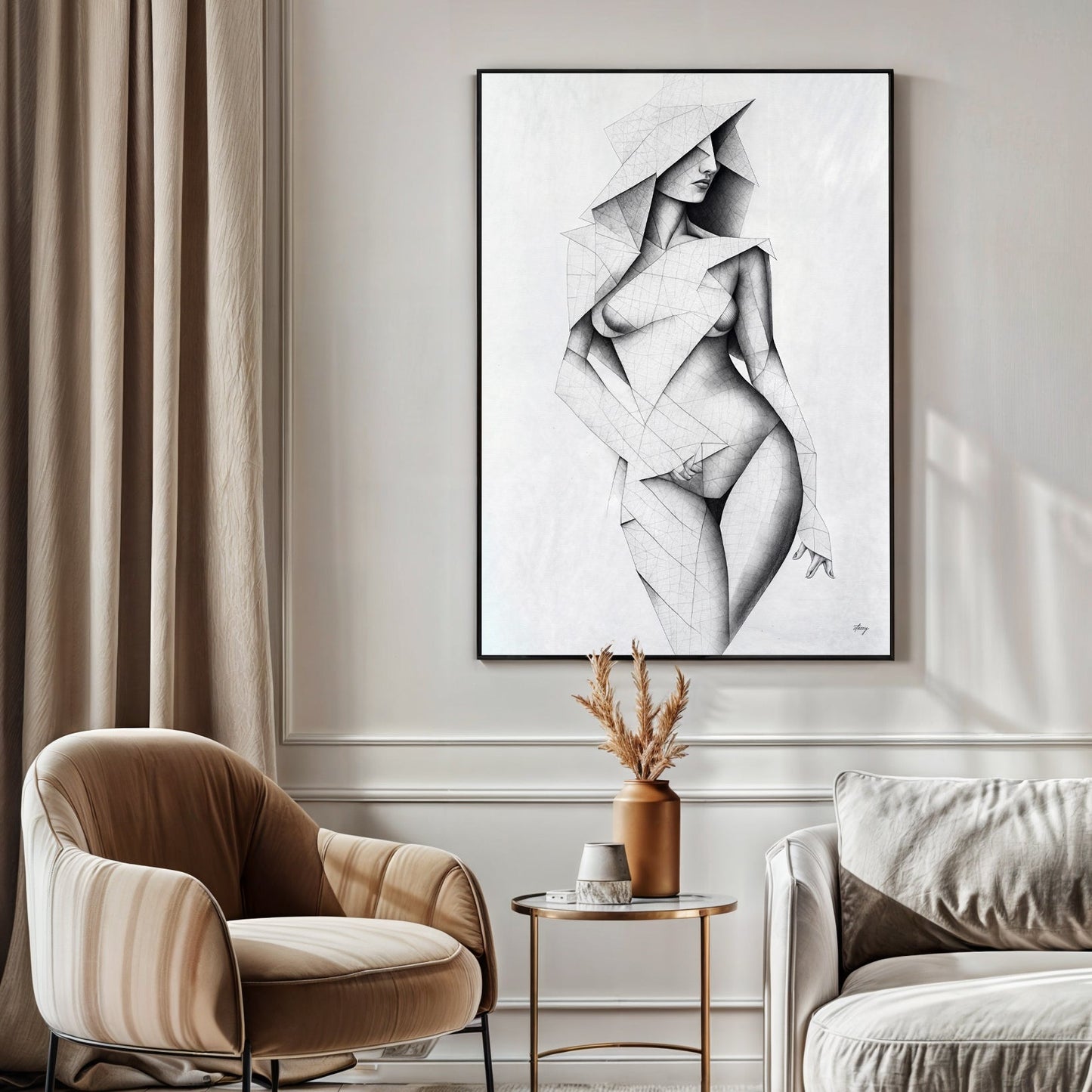 Canvas print Tangible Point by Tailored Canvases; grayscale geometric nude framed in black on Tampa Home & Garden Store