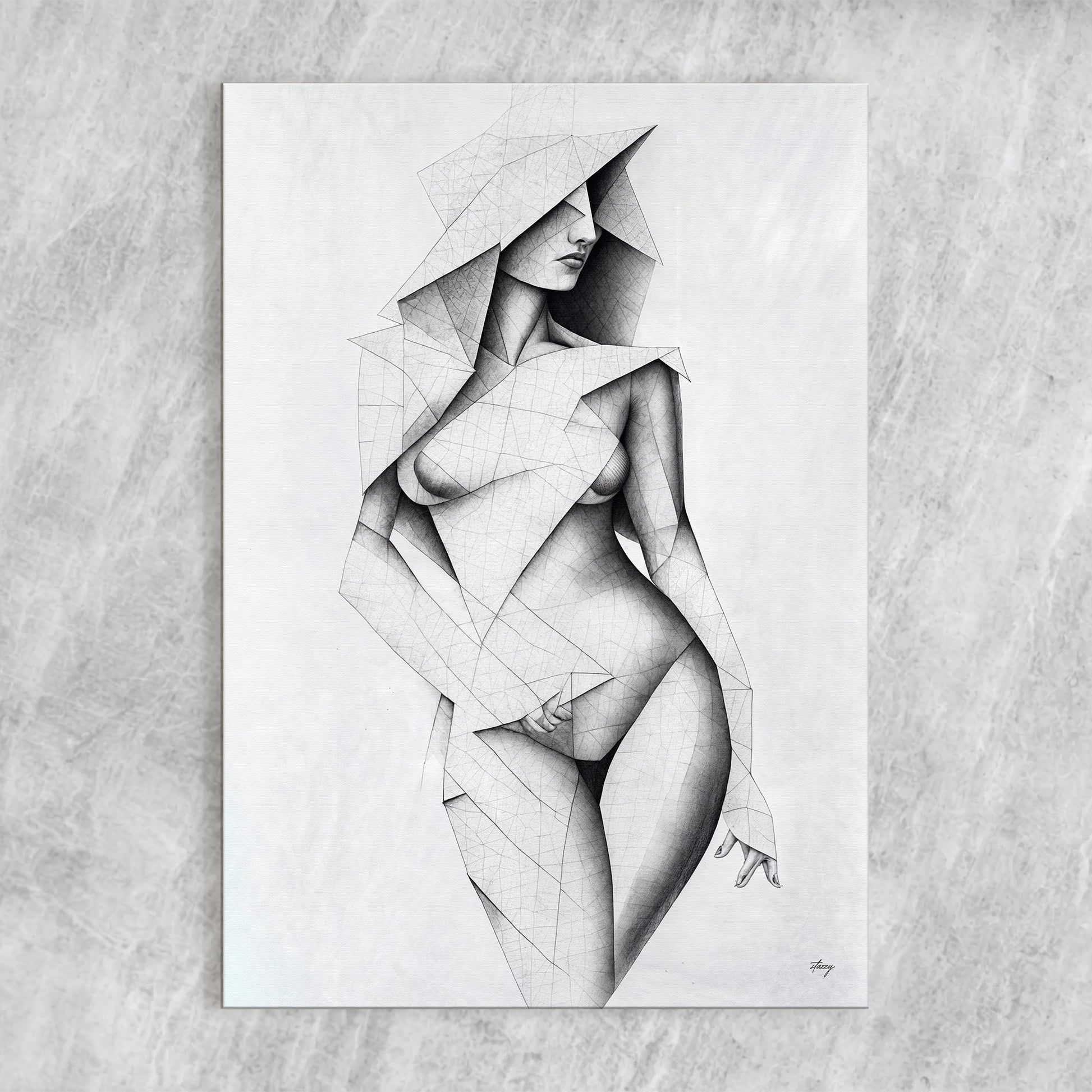 Canvas print Tangible Point by Tailored Canvases; grayscale polygonal woman portrait on canvas on Tampa Home & Garden Store