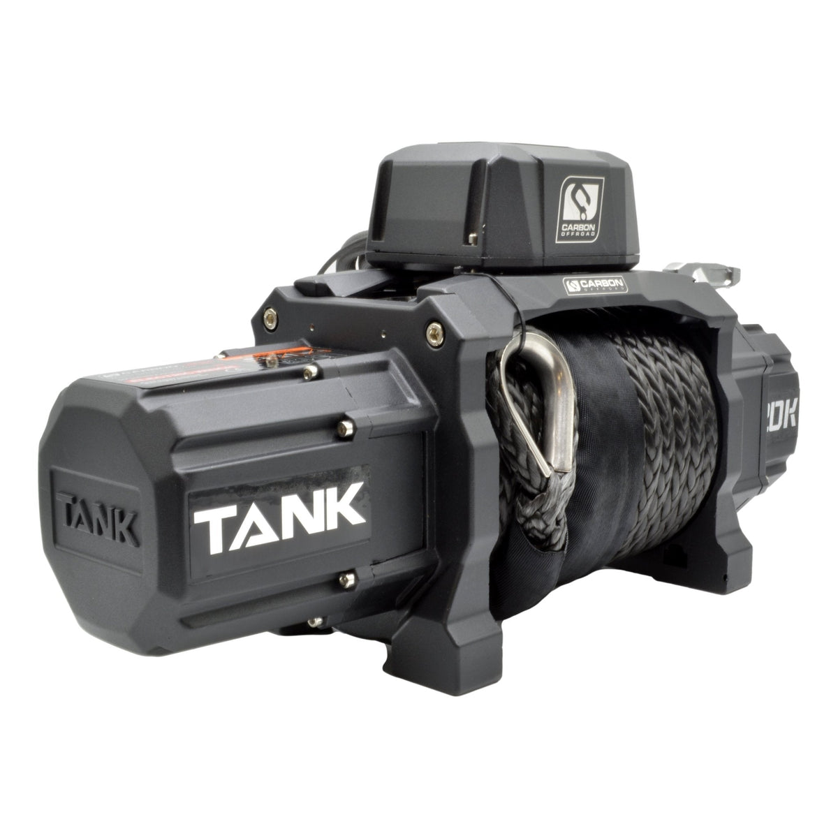 Carbon Tank 20000lb 24V winch with dark gray housing and top-mount box, synthetic rope on drum on Tampa Home & Garden Store