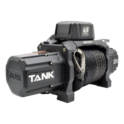 Carbon Tank 20000lb 24V winch with dark gray housing and top-mount box, synthetic rope on drum on Tampa Home & Garden Store