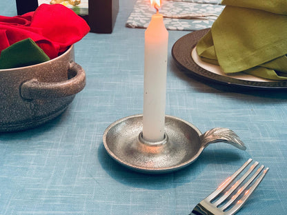 Vibhsa taper candlestick holder dish in silver finish with leaf handle handcrafted aluminum on Tampa Home & Garden Store