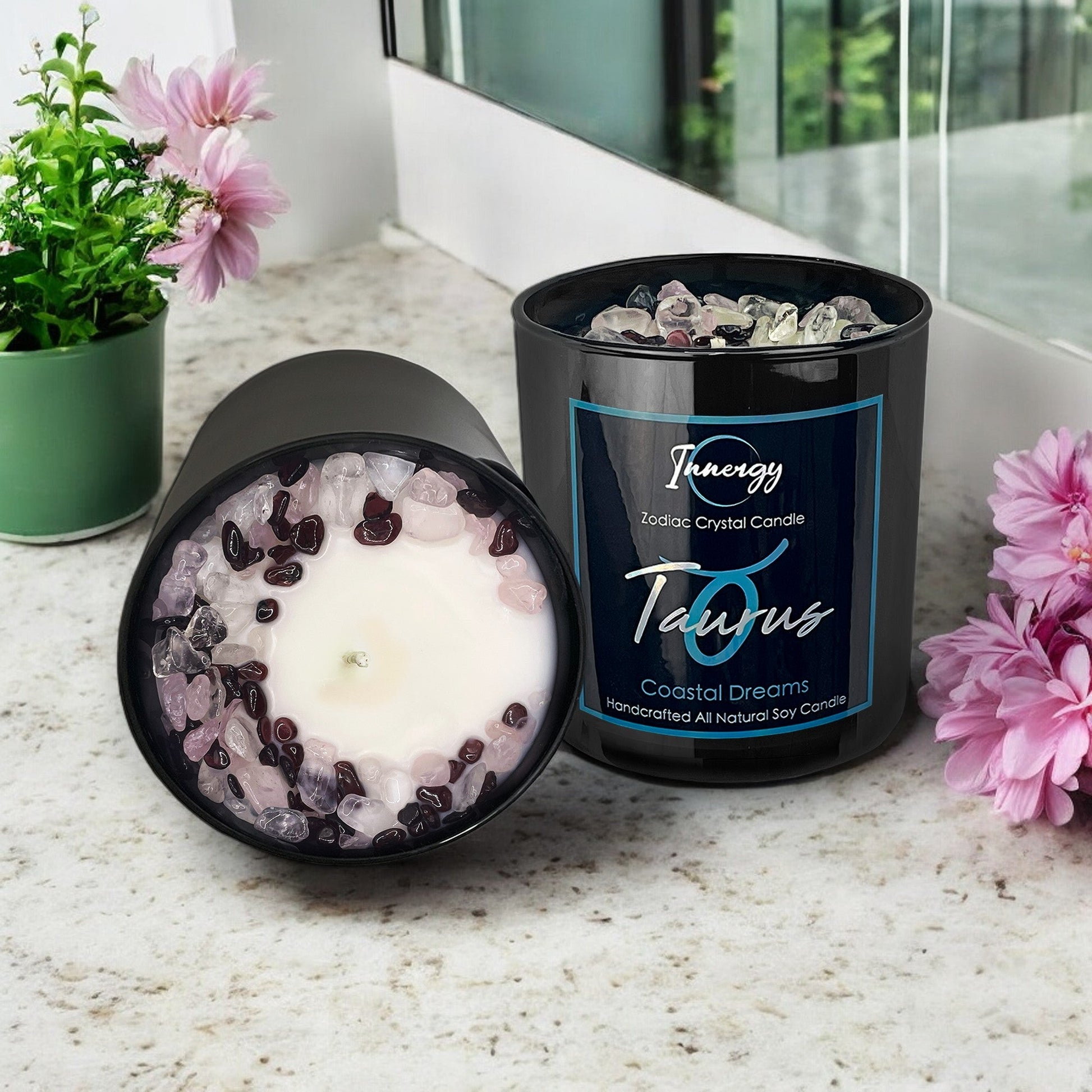 Taurus Zodiac Crystal Candle with Garnet, Crystal Quartz, and Rose Quartz | Coconut-Soy Wax Candle, 9oz - Tampa Home & Garden Store