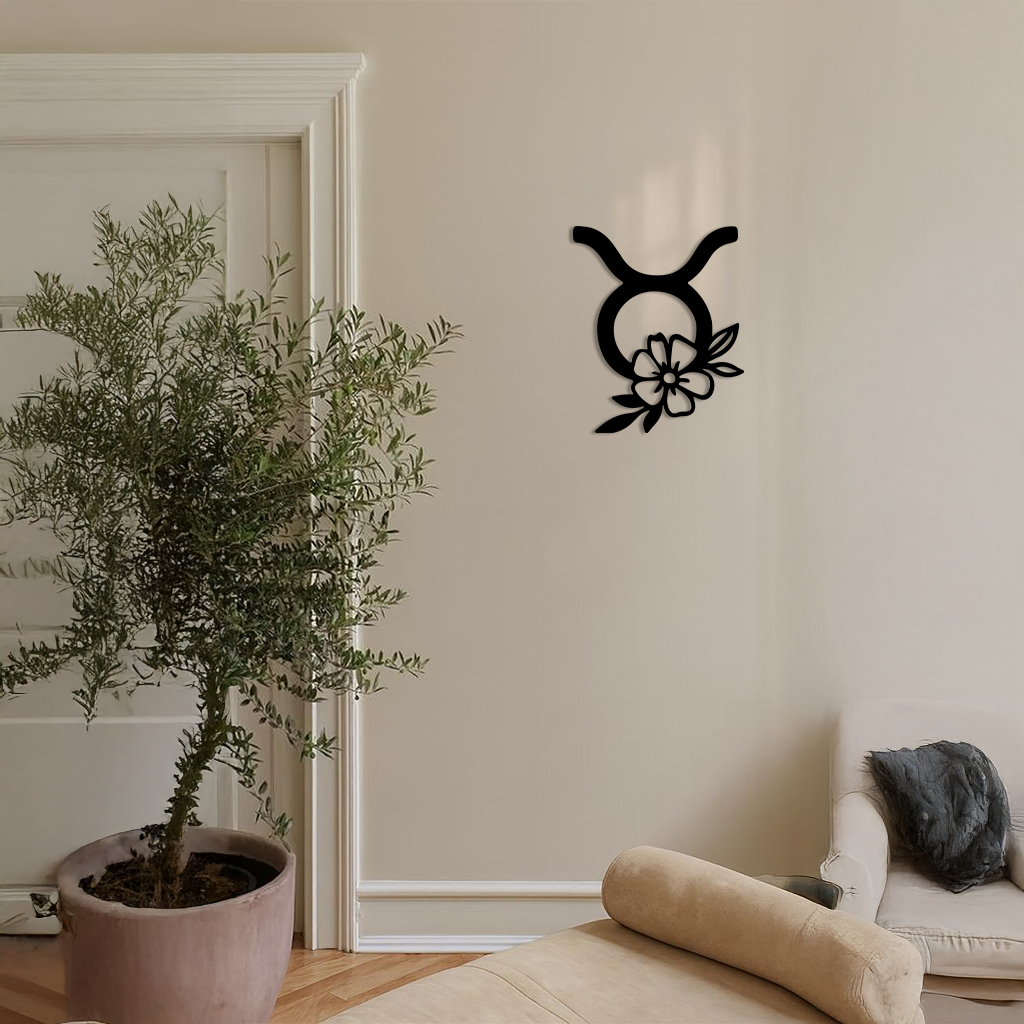 Taurus Zodiac Symbol Metal Wall Art – Floral Astrology Home Decor - KAFGP082 - Tampa Home & Garden Store