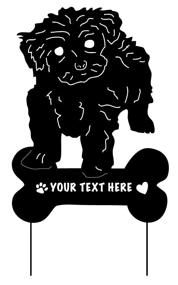 Tea Cup Poodle garden stake with bone-shaped sign and customizable text by Rustica Ornamentals on Tampa Home & Garden Store