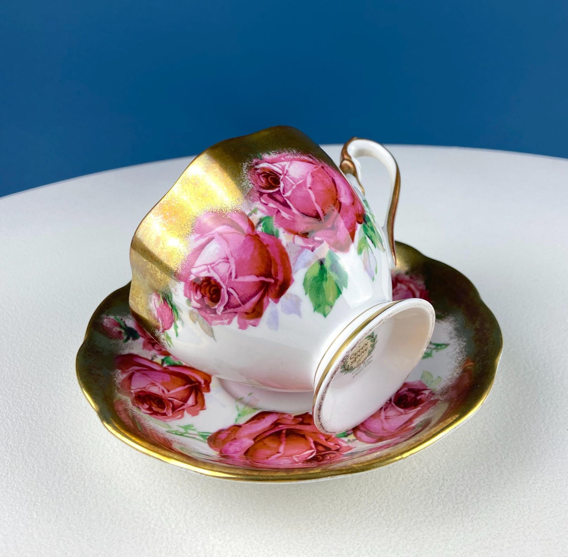 Teacup & Saucer with Large Red Roses and Rich Gold Rim. Queen Anne Fine China. Dining Room Decor. Romantic Gift for Tea Lover, Him or Her. - Tampa Home & Garden Store
