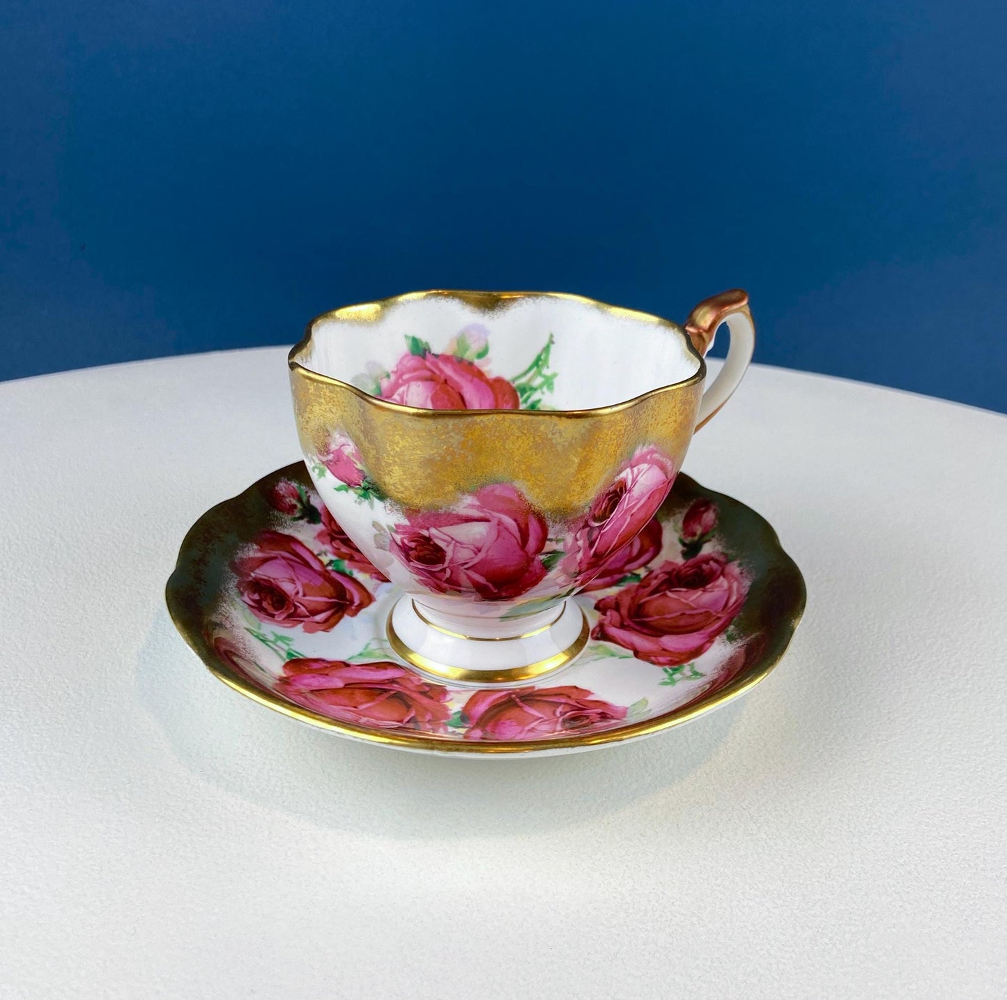 Teacup & Saucer with Large Red Roses and Rich Gold Rim. Queen Anne Fine China. Dining Room Decor. Romantic Gift for Tea Lover, Him or Her. - Tampa Home & Garden Store
