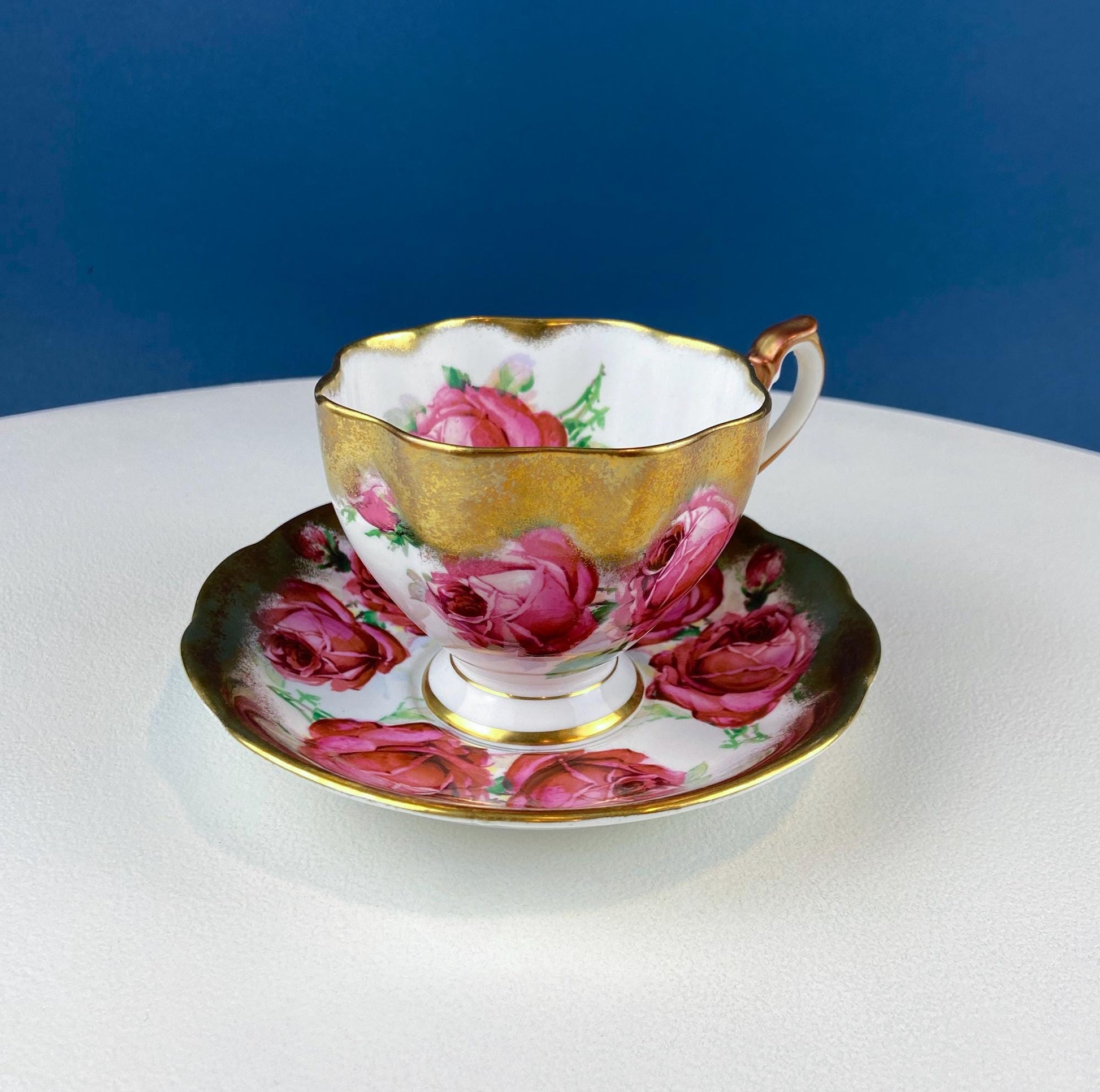 Teacup & Saucer with Large Red Roses and Rich Gold Rim. Queen Anne Fine China. Dining Room Decor. Romantic Gift for Tea Lover, Him or Her. - Tampa Home & Garden Store