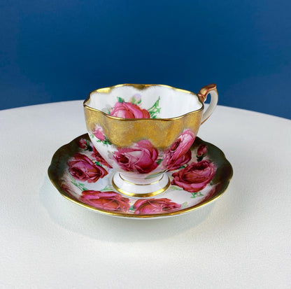Teacup & Saucer with Large Red Roses and Rich Gold Rim. Queen Anne Fine China. Dining Room Decor. Romantic Gift for Tea Lover, Him or Her. - Tampa Home & Garden Store