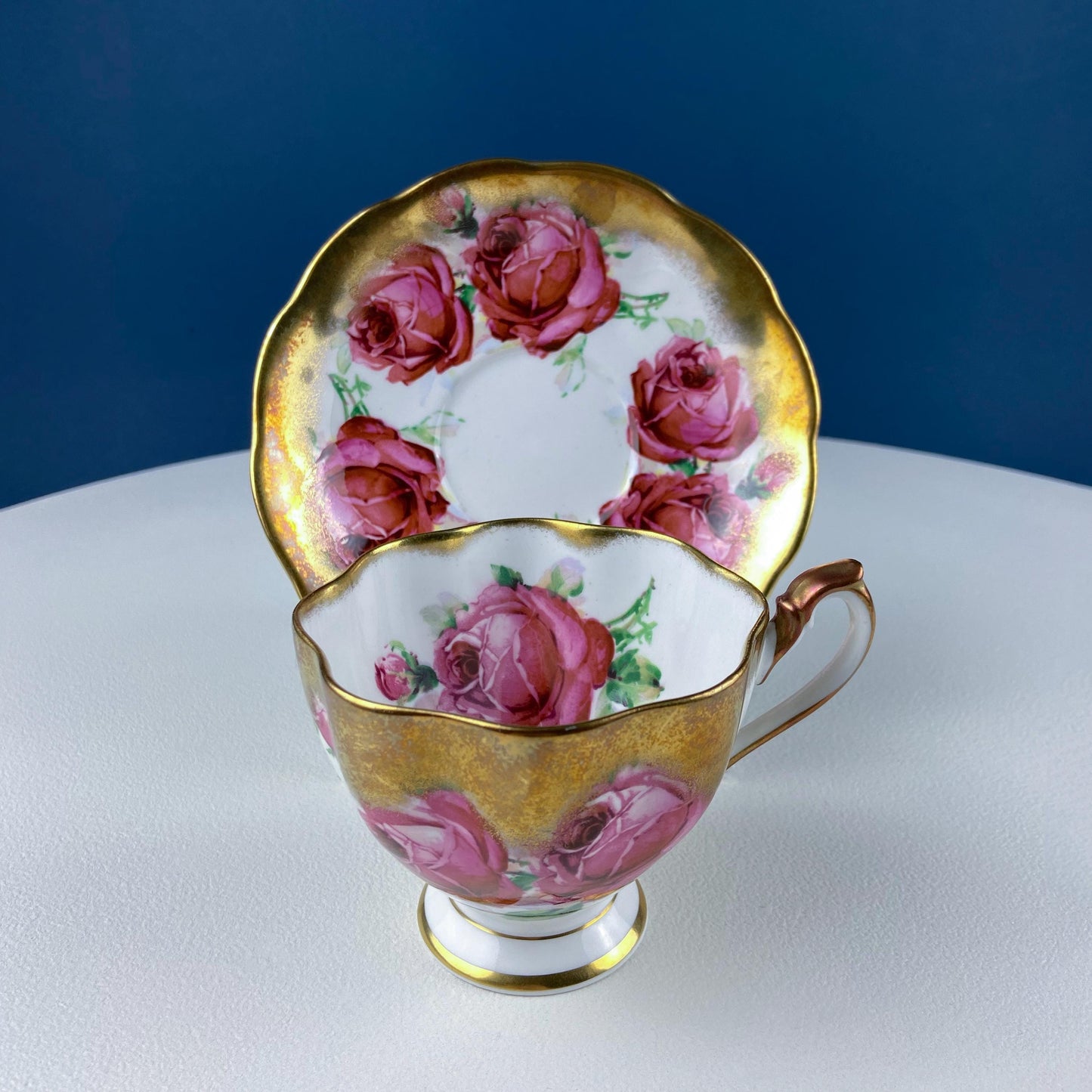 Teacup & Saucer with Large Red Roses and Rich Gold Rim. Queen Anne Fine China. Dining Room Decor. Romantic Gift for Tea Lover, Him or Her. - Tampa Home & Garden Store